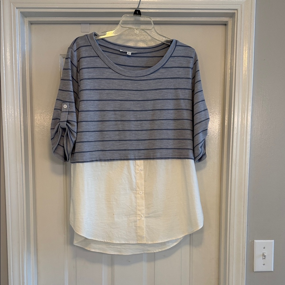 Wonderland by Orange Layered Stripe Blouse Large Roll Tab Top